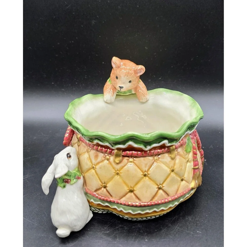 2003 Fitz & Floyd Christmas Sandy Tidbit Dish Candy Bowl Bear Rabbit 9